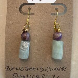 Burma Jade & Sufluorite Wire Wrapped Earrings, Gold Over Sterling Silver, Flower